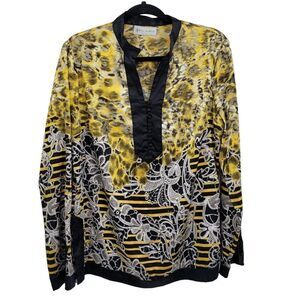 Vintage Bill Blass Blouse L Black Cheetah Japanese Satin‎ Long Sleeve Tunic Top